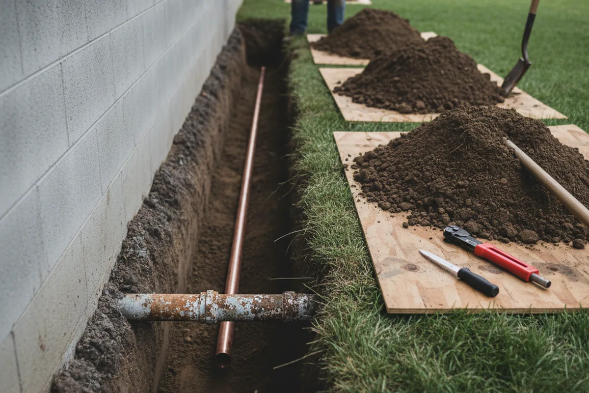 Excavated water line trench during Water Heater Repair in Shirley
